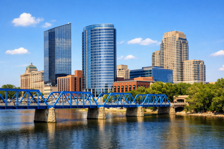 Grand Rapids Michigan skyline and Grand River representing the Grand Rapids real estate market