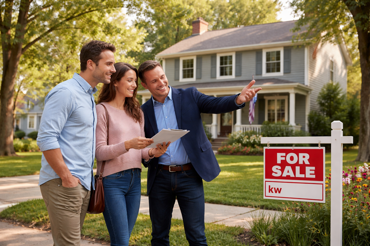 Home buyers discussing a property offer with a real estate agent outside a house with a for sale sign
