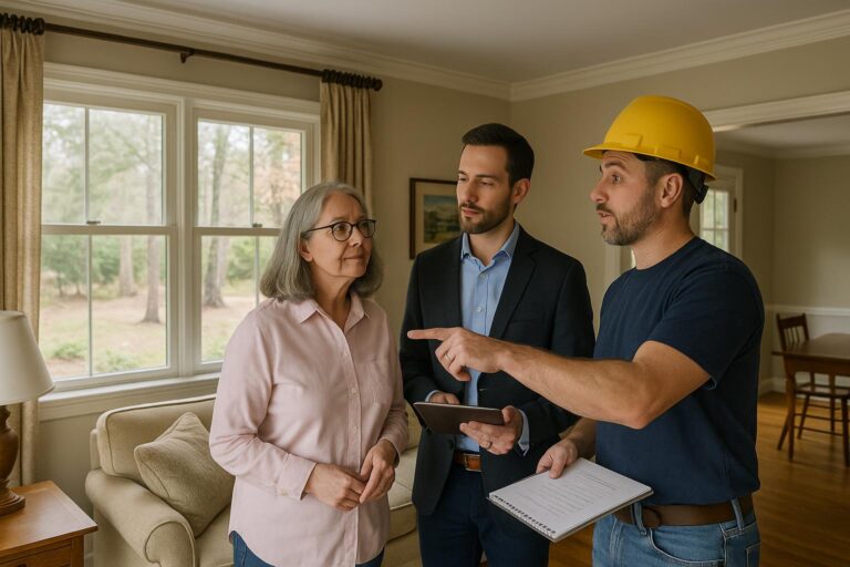 Homeowner, agent, and contractor discussing repairs in a traditional Forest Hills home with mature landscaping.