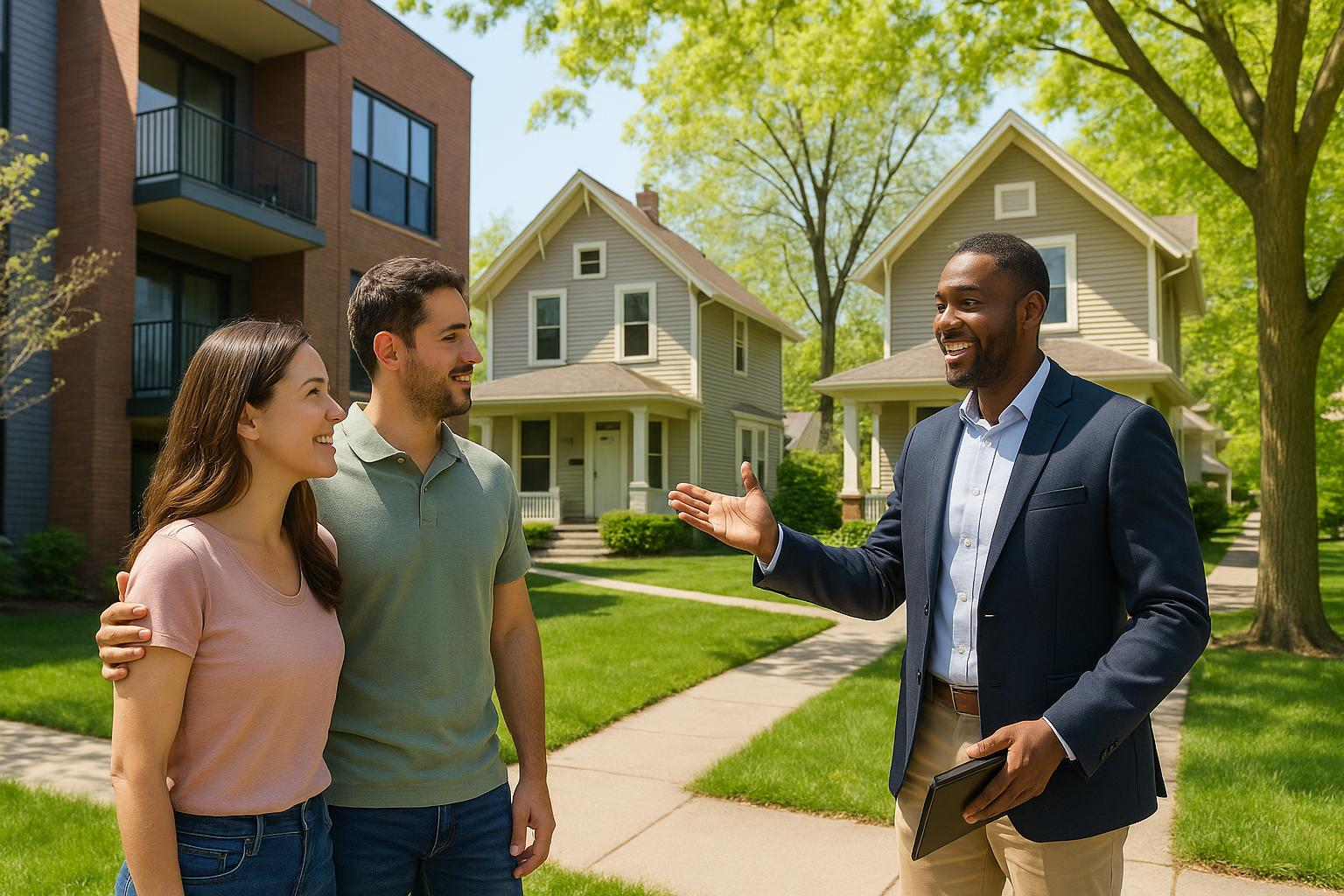 A young couple and their real estate agent compare a modern Grand Rapids condo and a traditional house on a sunny neighborhood street.