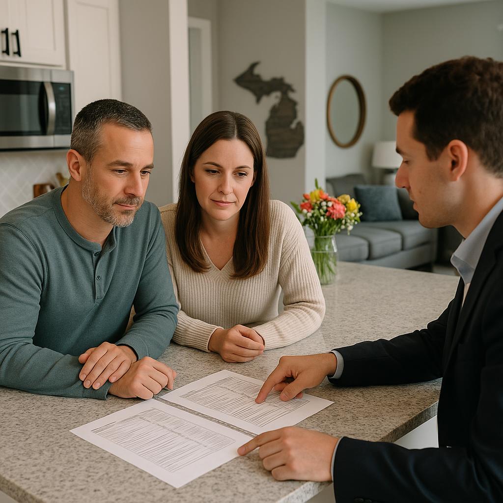Grand Rapids homeowners and real estate agent reviewing buyer financing options for home sale in a modern kitchen.