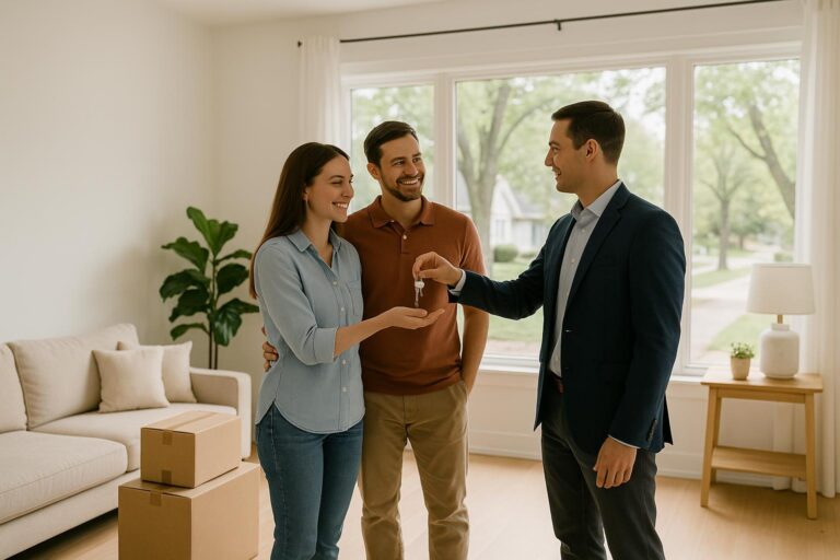 A Grand Rapids real estate agent hands keys to a smiling couple in a sunlit living room, moving boxes nearby, symbolizing a positive home possession.