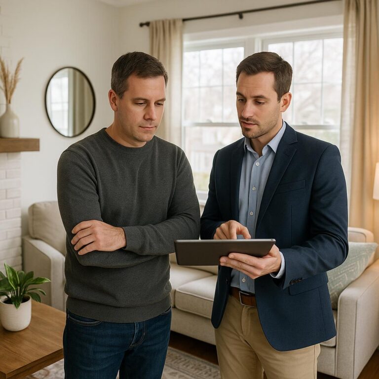 Grand Rapids homeowner and real estate agent reviewing showing feedback on a tablet in a staged living room.