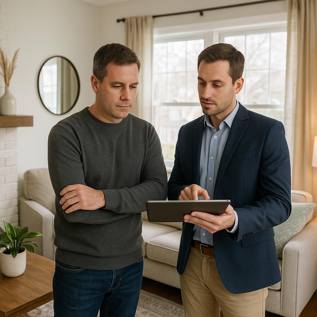 Grand Rapids homeowner and real estate agent reviewing showing feedback on a tablet in a staged living room.
