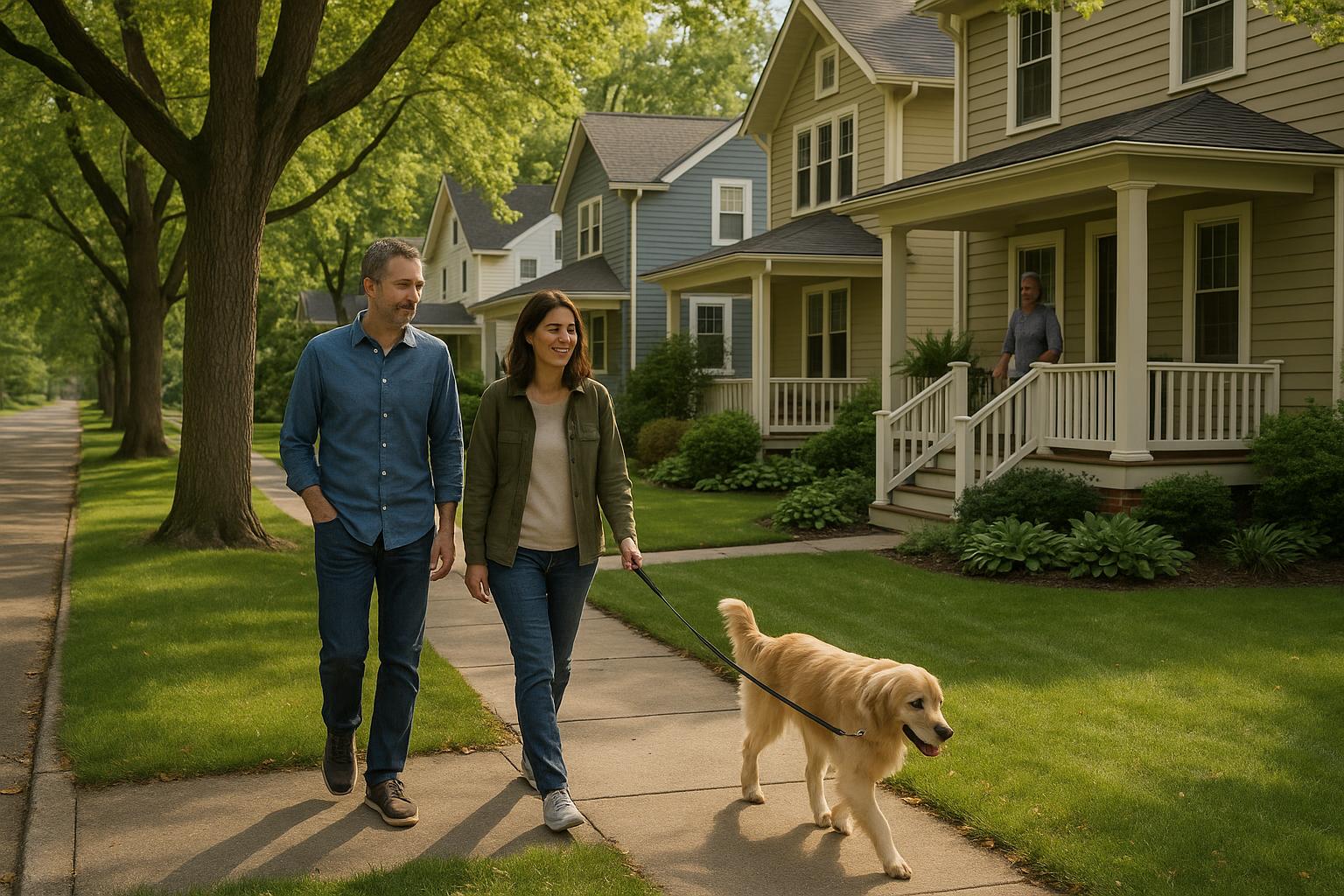 Homeowners and neighbors enjoying a walkable East Grand Rapids street with mature trees and classic homes.