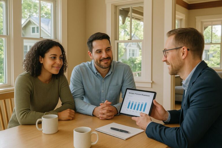 Grand Rapids homebuyers reviewing monthly payment options with a real estate agent in a bright, modern living room.