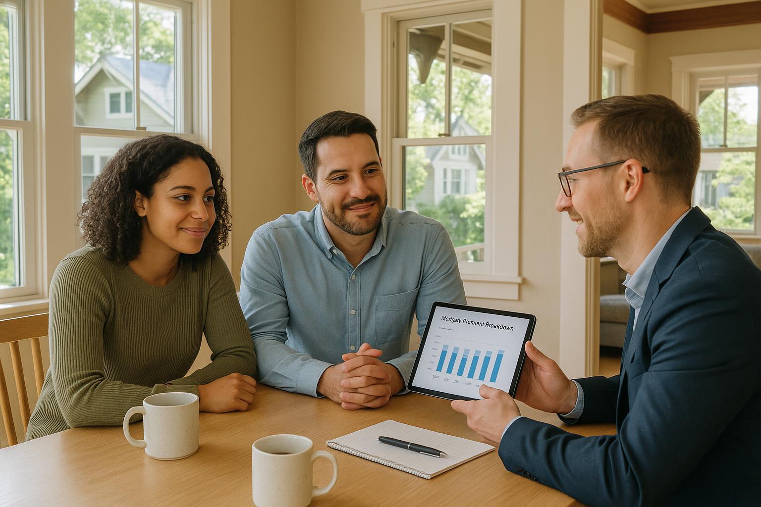 Grand Rapids homebuyers reviewing monthly payment options with a real estate agent in a bright, modern living room.