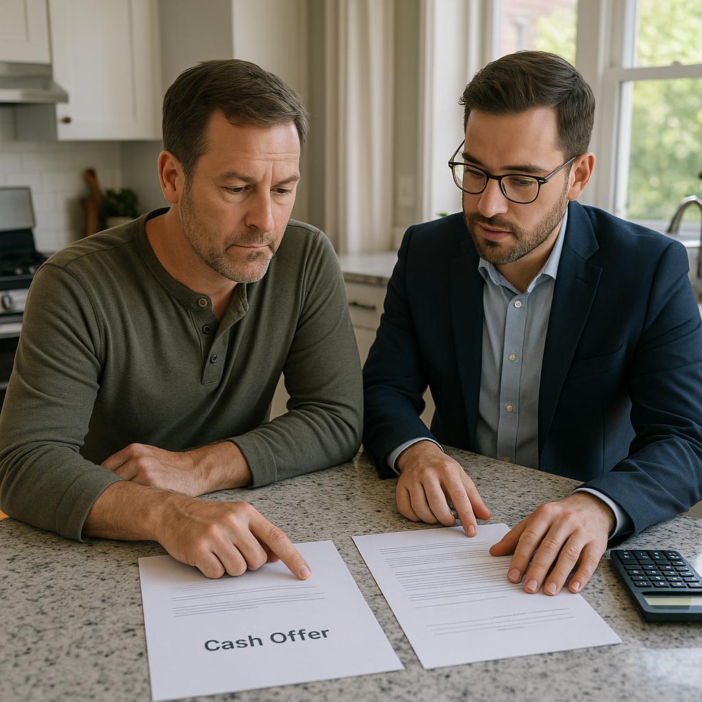 Grand Rapids homeowner and real estate agent reviewing and comparing a cash offer and a financed offer at a kitchen island.