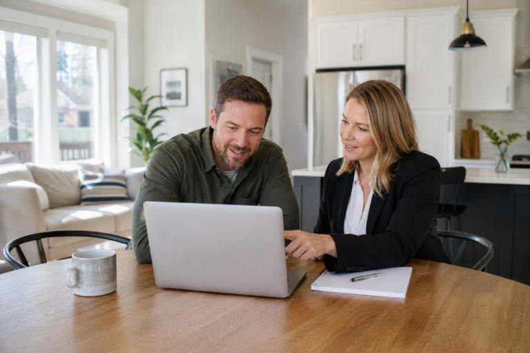 Grand Rapids home buyer reviewing a pending home listing with a real estate agent