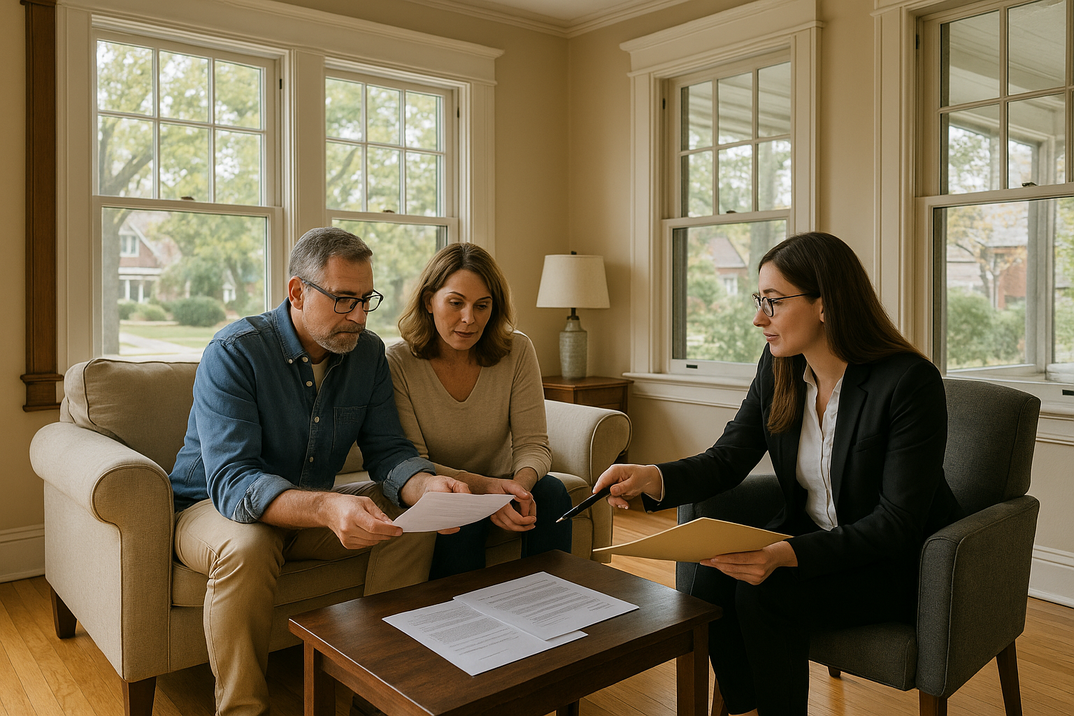 Couple and agent reviewing offers in a historic East Grand Rapids living room with original woodwork and neighborhood views.
