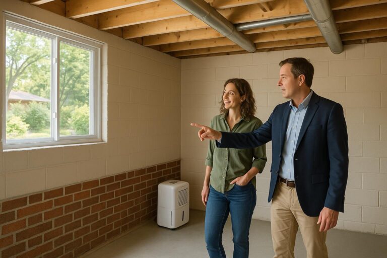 Grand Rapids home buyer and agent inspecting a bright basement for moisture signs during a showing.