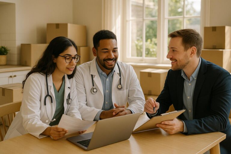 Physician couple with agent reviewing home options and timing at a bright kitchen table in a Grand Rapids home, with moving boxes and daylight.