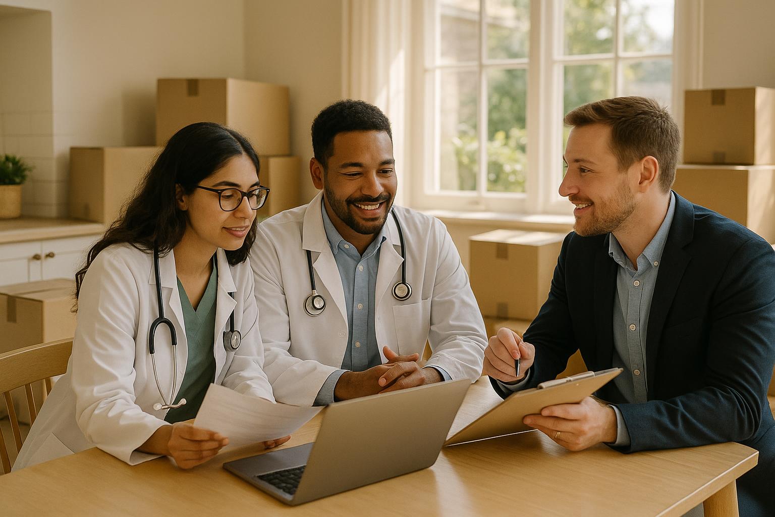 Physician couple with agent reviewing home options and timing at a bright kitchen table in a Grand Rapids home, with moving boxes and daylight.