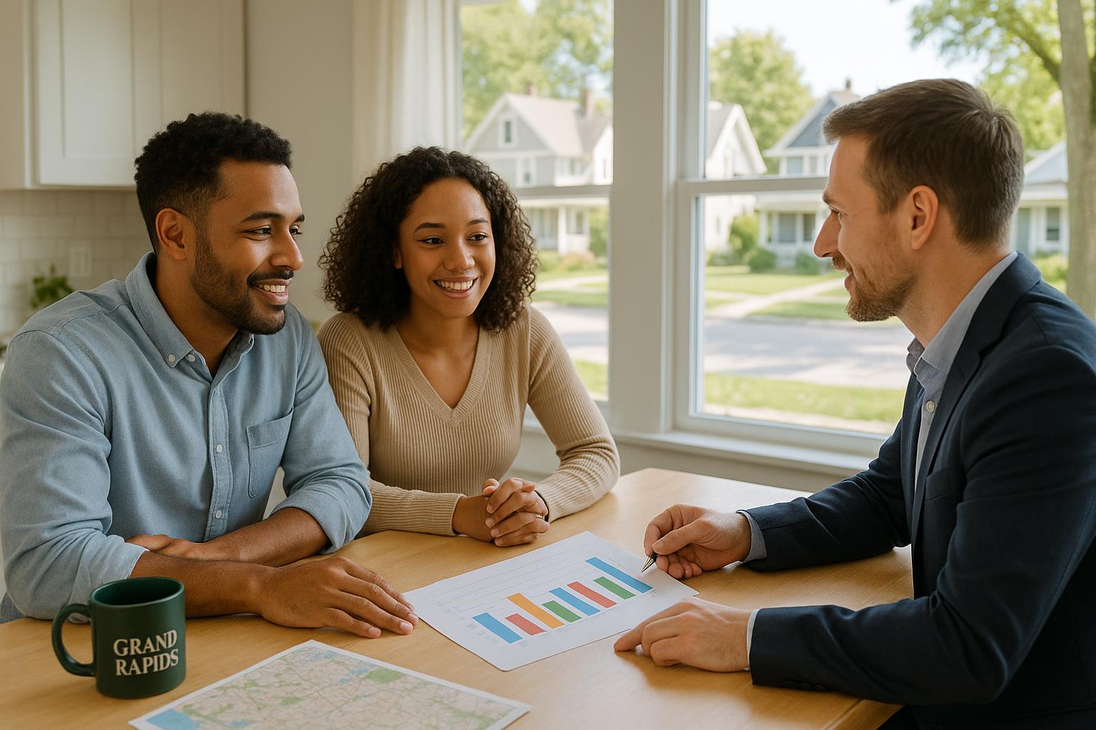 A Grand Rapids couple reviews home market trends with their agent at a kitchen table, considering whether to buy now or wait, with a neighborhood view outside.