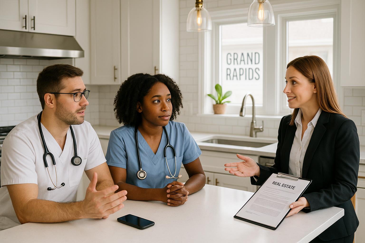 Physician couple discussing home buying and call schedules with a real estate agent in a bright Grand Rapids kitchen.