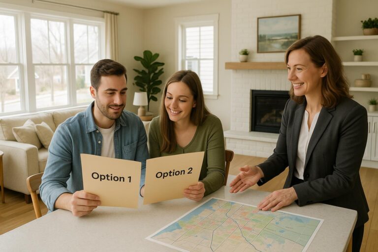 A young couple in a Grand Rapids home reviews two property options with their real estate agent at a bright kitchen island.