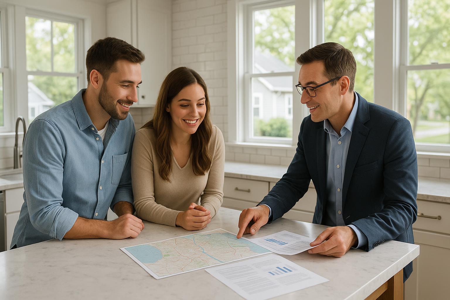 A Grand Rapids real estate agent helps a couple compare neighborhood options at a kitchen island with maps and home listings.