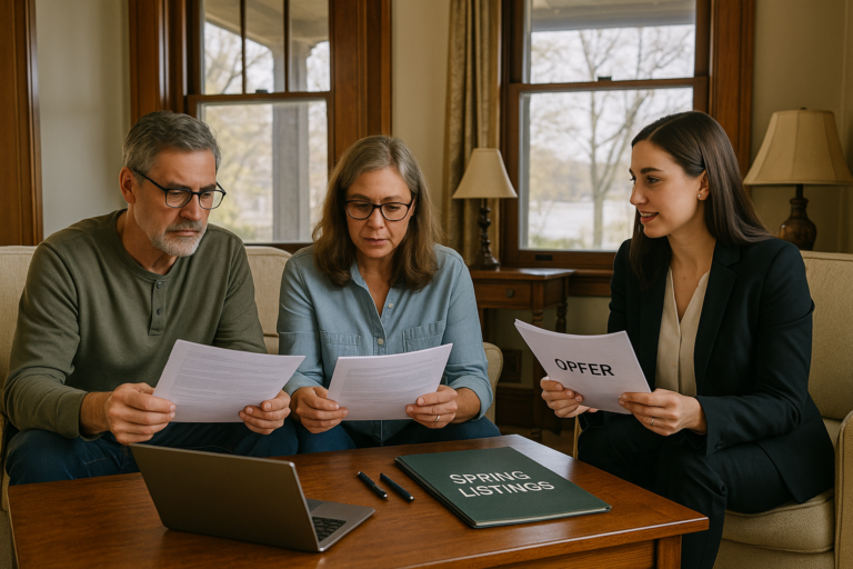 Couple and agent reviewing summer buyer offers in a classic East Grand Rapids living room with budding trees and a glimpse of Reeds Lake in the background.
