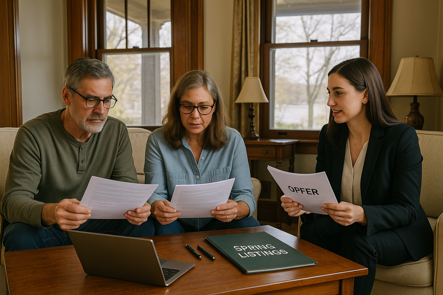 Couple and agent reviewing summer buyer offers in a classic East Grand Rapids living room with budding trees and a glimpse of Reeds Lake in the background.