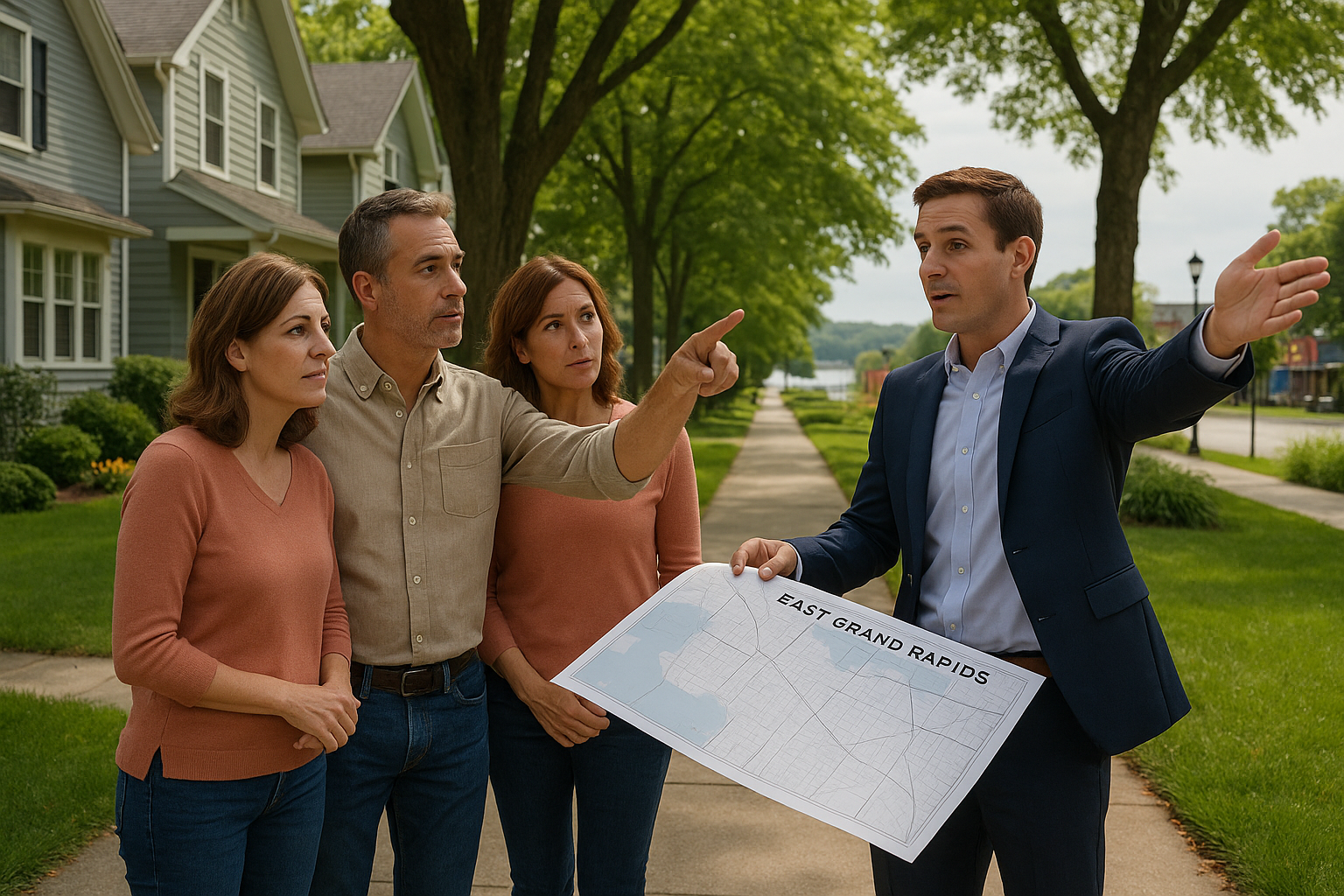 A couple and their agent review a map on a tree-lined East Grand Rapids sidewalk, discussing walkability to Gaslight Village and Reeds Lake.