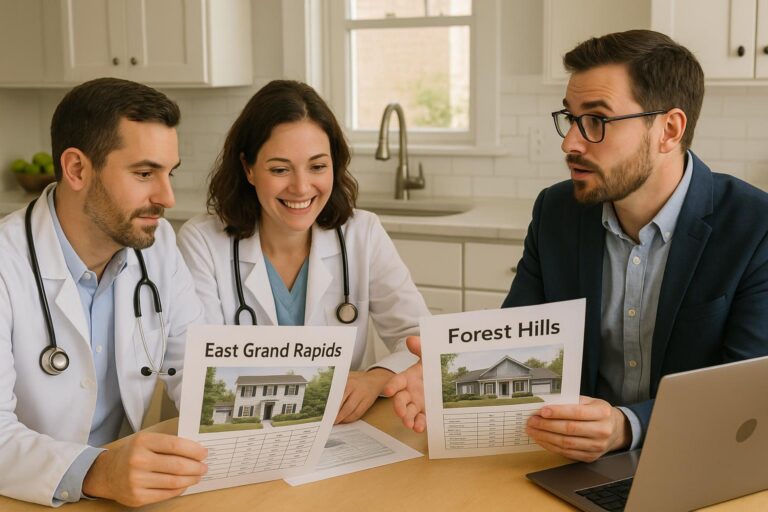 Physician couple and real estate agent reviewing East Grand Rapids and Forest Hills home options in a bright kitchen.