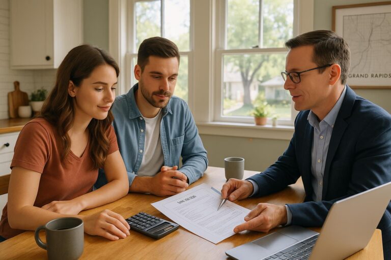A Grand Rapids couple reviews estimated monthly home payments with their real estate agent at a kitchen table, surrounded by local paperwork and bright daylight.