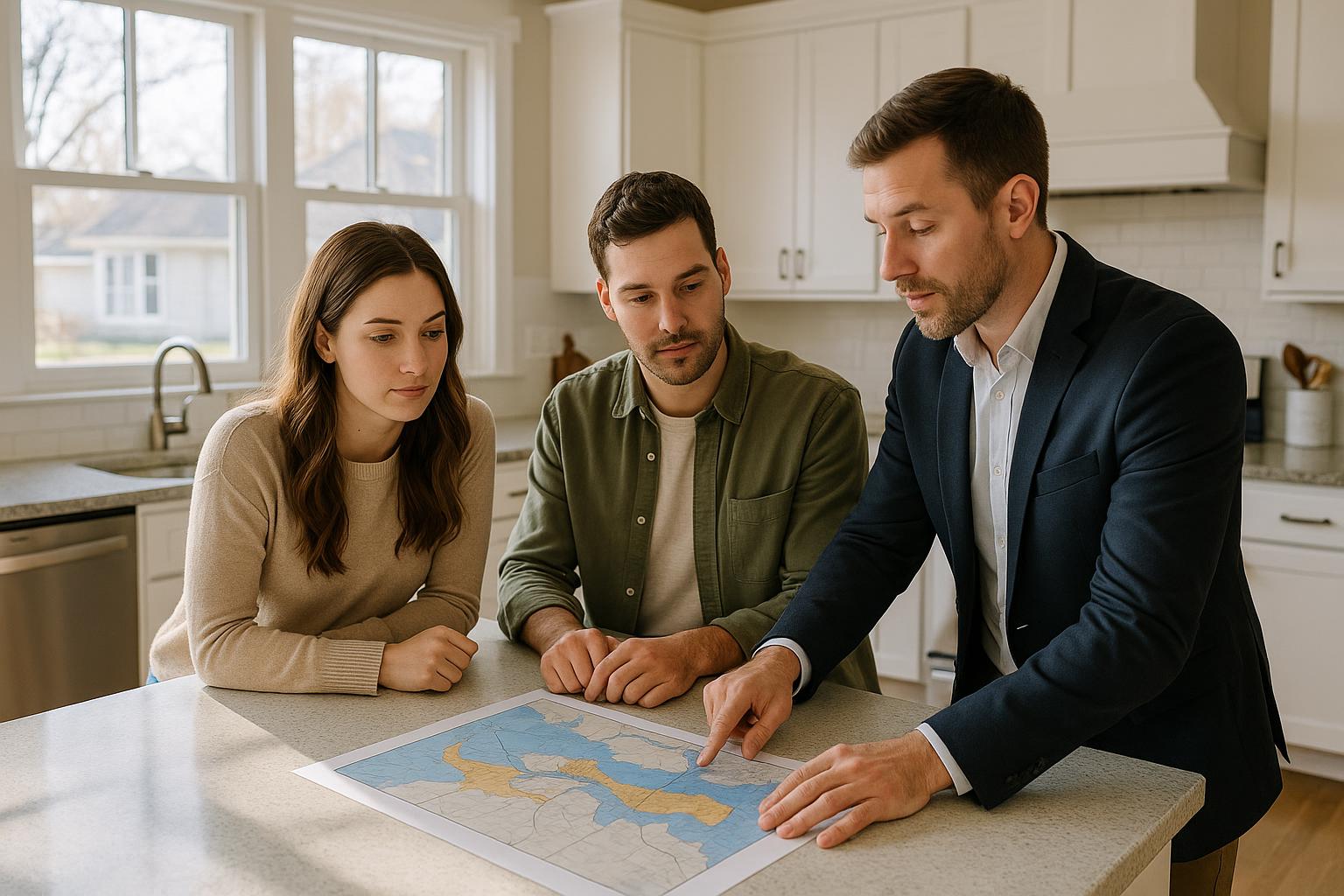 A couple and real estate agent reviewing a flood zone map in a sunlit Grand Rapids home kitchen.