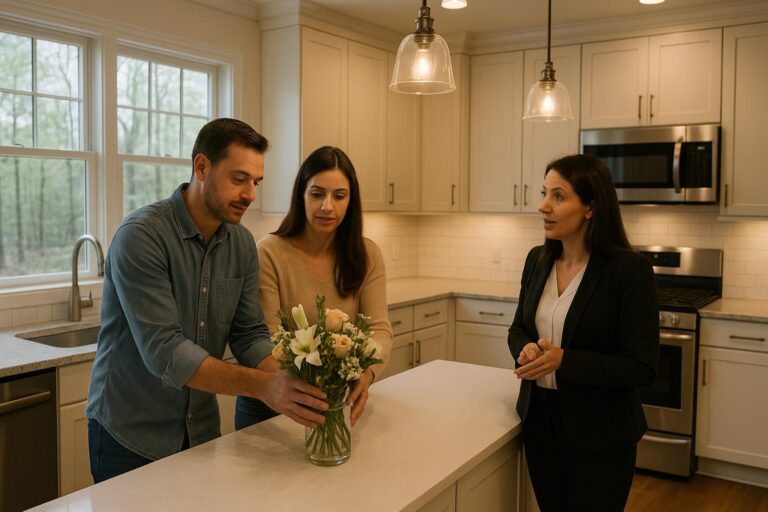 Forest Hills homeowners and real estate agent preparing kitchen for a buyer showing