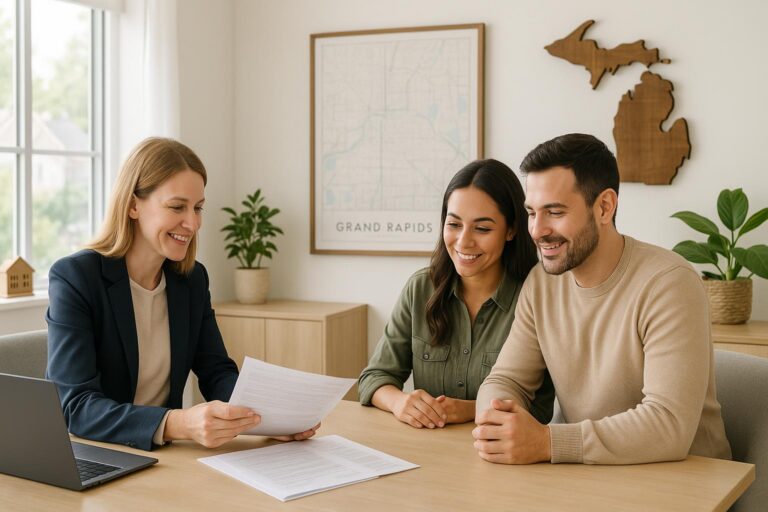 Grand Rapids home buyers and title agent reviewing title documents in a bright real estate office.