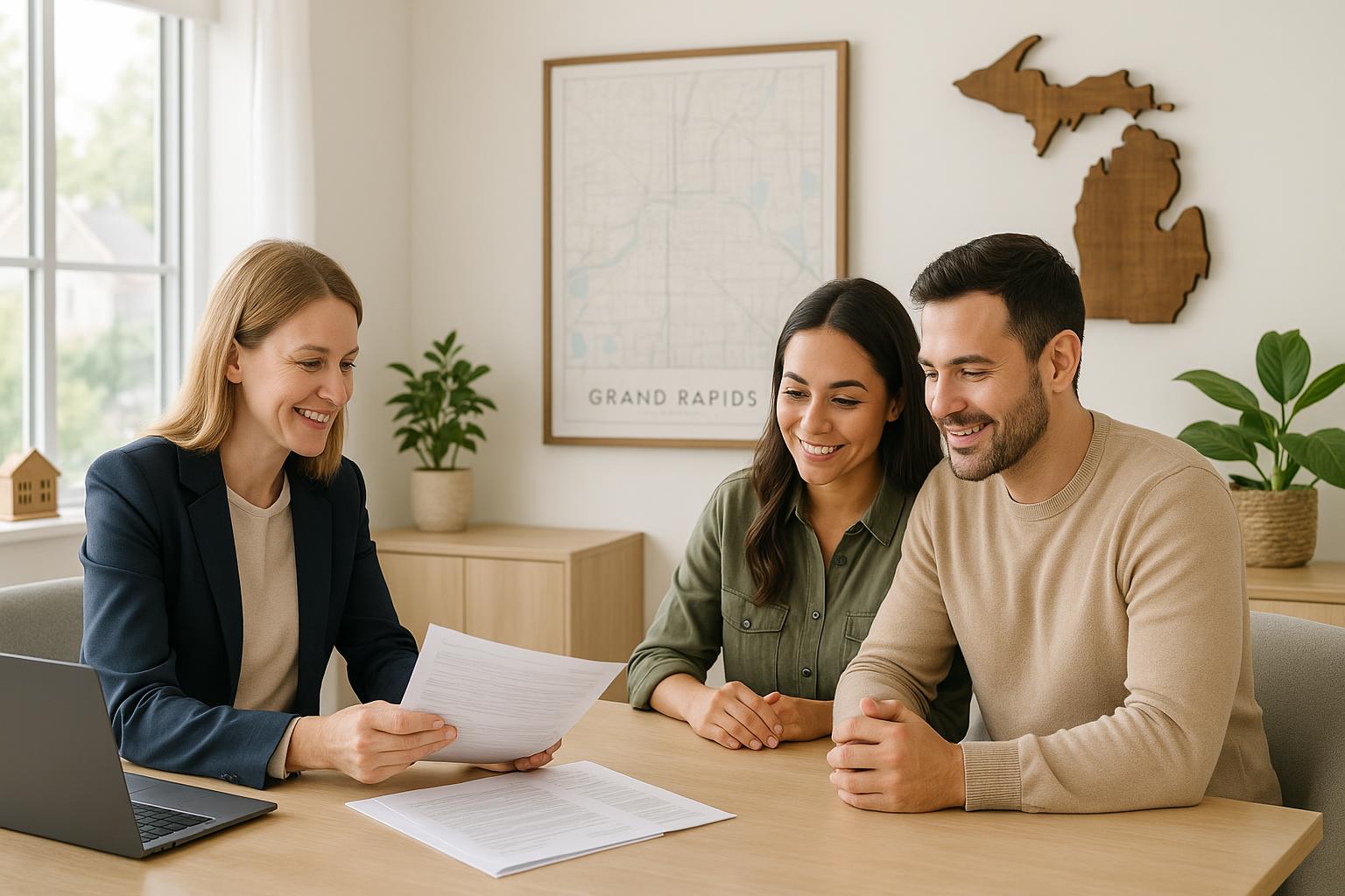 Grand Rapids home buyers and title agent reviewing title documents in a bright real estate office.