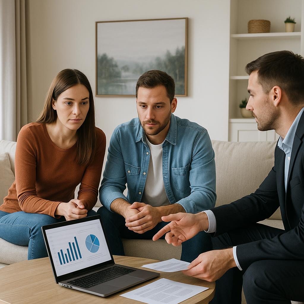Grand Rapids homeowners and their agent reviewing listing activity in a quiet, staged living room to assess why no offers have come in.