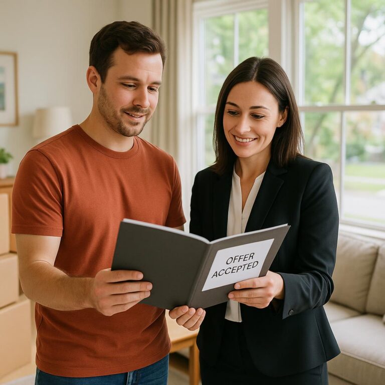 Grand Rapids homeowner and agent reviewing next steps after accepting an offer, with moving boxes in a well-lit living room.