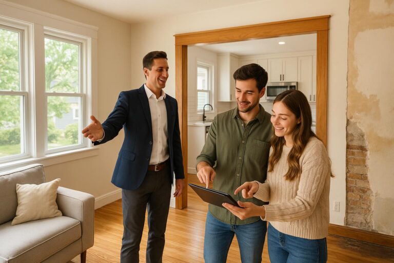 Young couple with agent reviewing renovation costs in a classic Grand Rapids bungalow, deciding between resale and fixer-upper options.