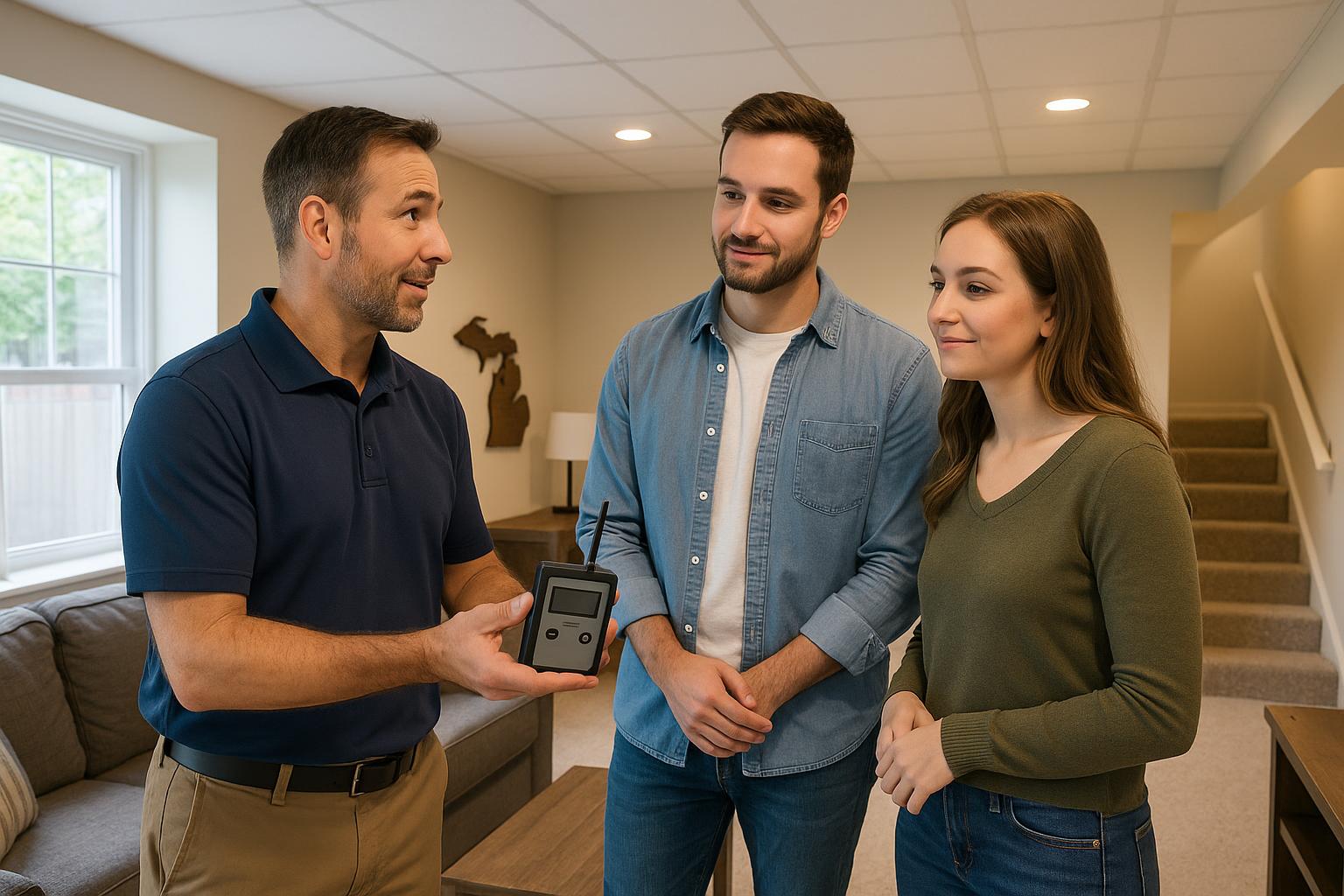 A Grand Rapids home inspector shows first-time buyers how a radon test kit works in a bright, finished basement.