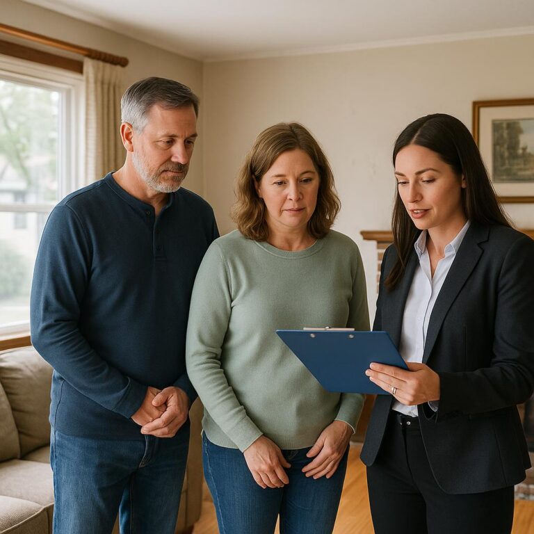 Grand Rapids homeowners and a real estate agent discussing whether to sell the home as-is in a comfortable, slightly dated living room.