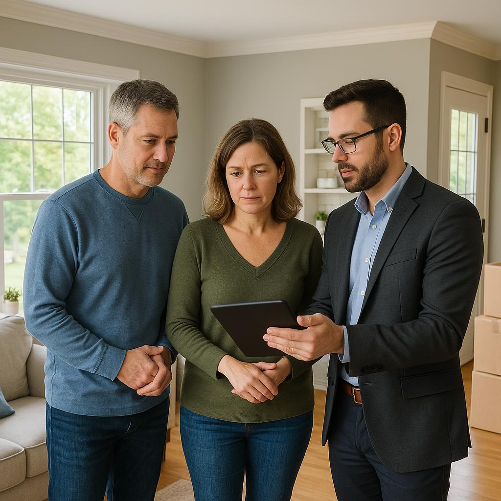 Grand Rapids homeowners and real estate agent reviewing listing details and home updates in a bright living room, preparing to list their home.