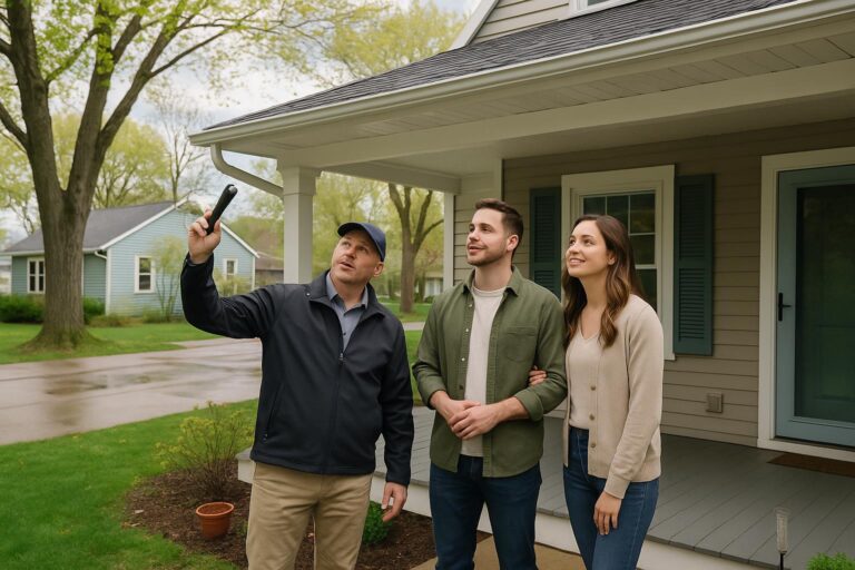 A home inspector and buyers review a Grand Rapids home's exterior and roof condition on a bright spring day, showing how weather impacts home inspections.