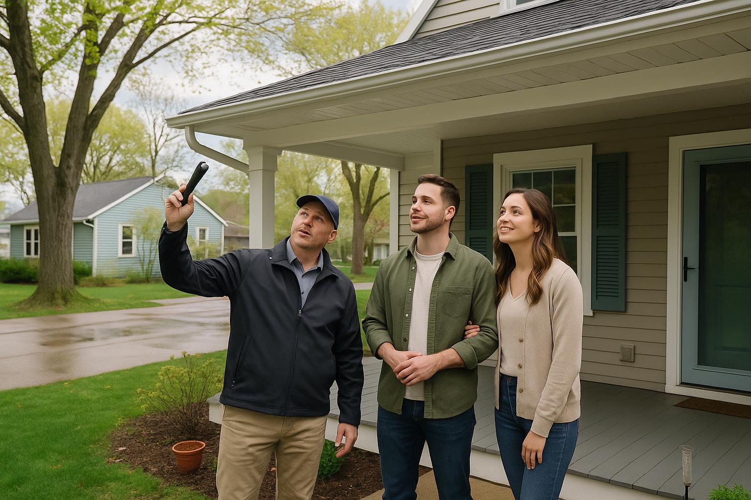 A home inspector and buyers review a Grand Rapids home's exterior and roof condition on a bright spring day, showing how weather impacts home inspections.