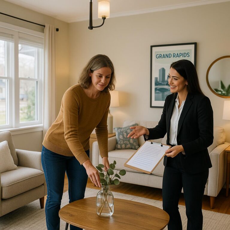 Grand Rapids homeowner and real estate agent preparing a staged living room for a showing, highlighting clean, updated, and welcoming features.
