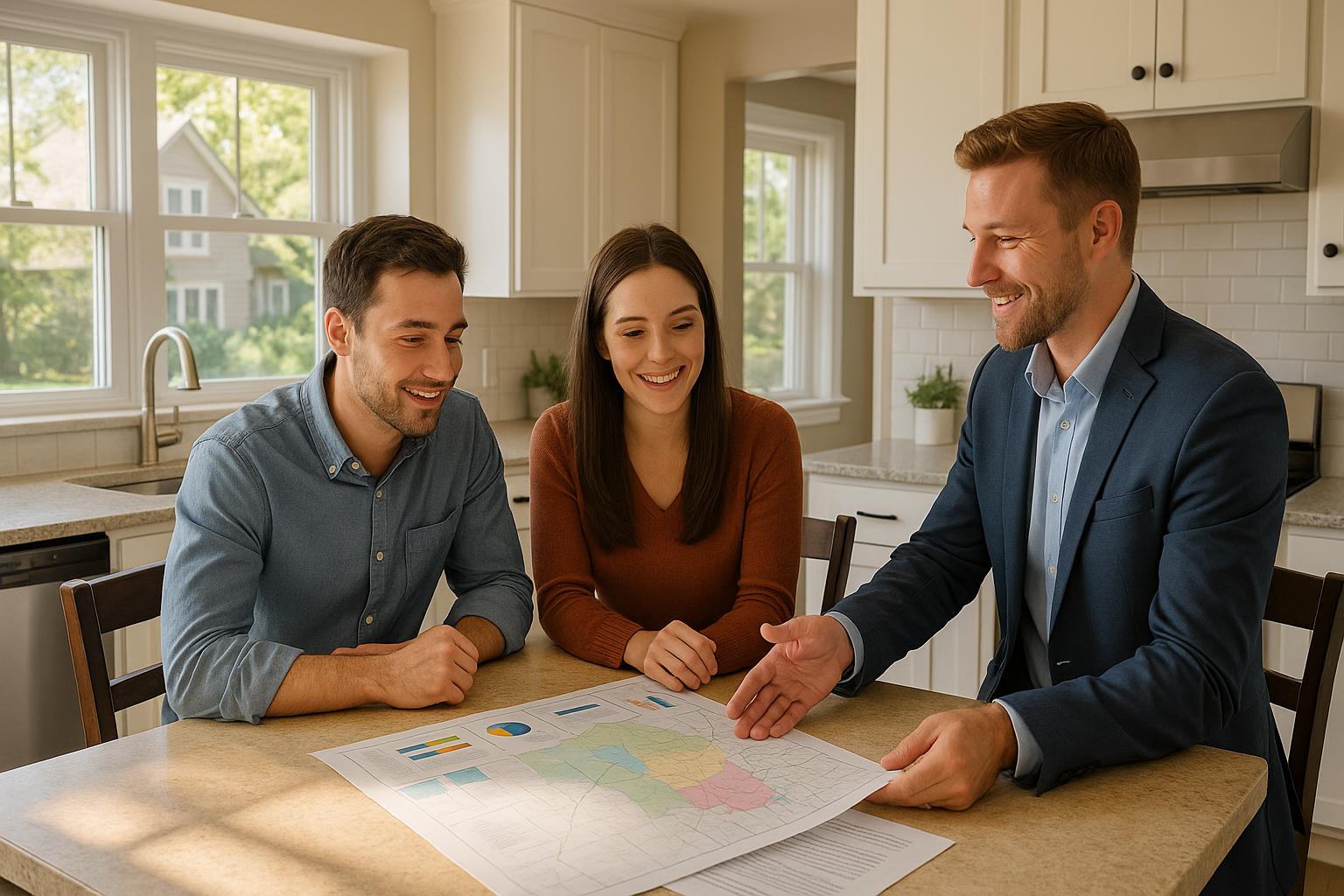 Young couple and agent reviewing Grand Rapids school district map in a sunny kitchen.