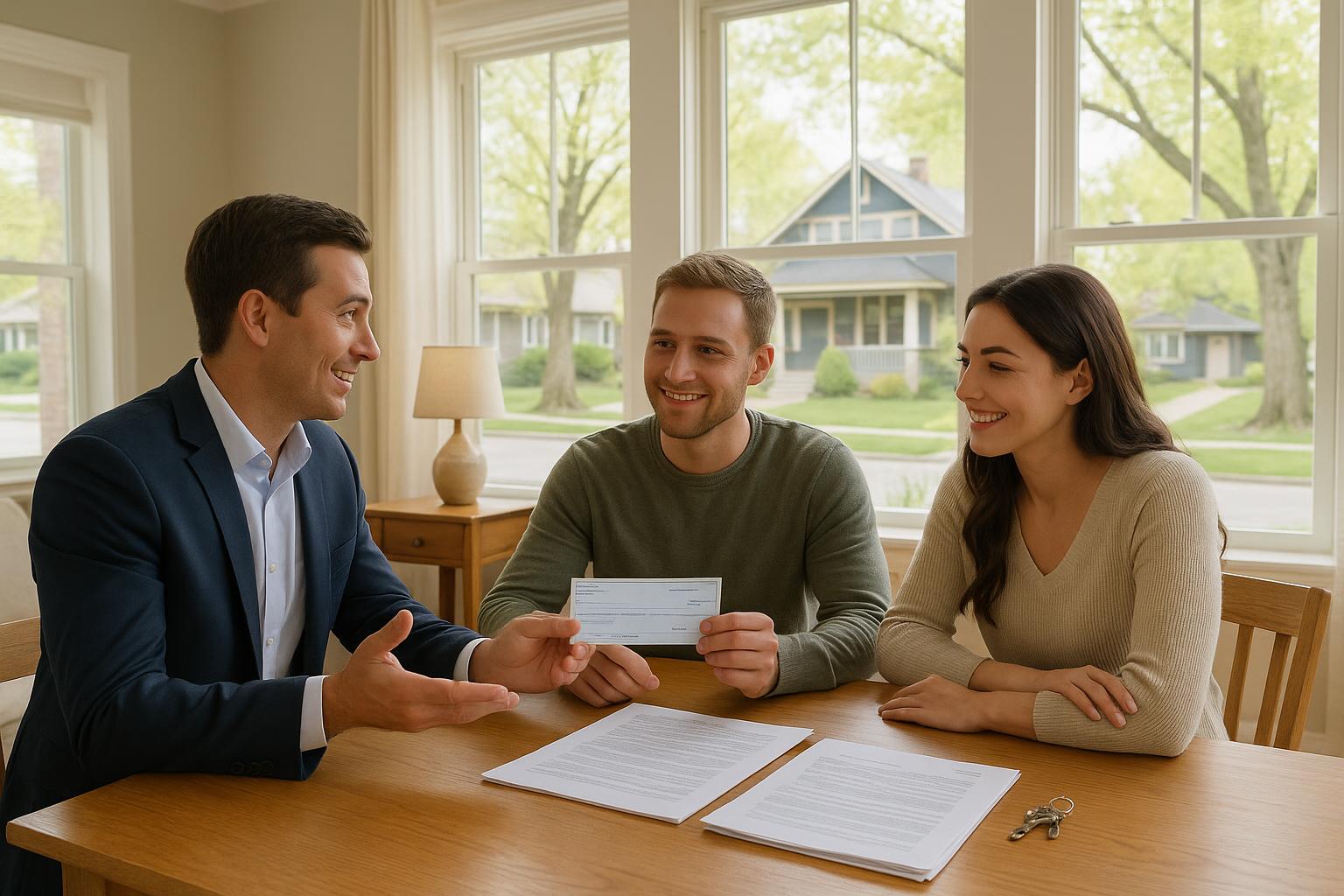 Grand Rapids buyers and their agent review earnest money details in a bright living room, discussing an earnest money check and offer documents.