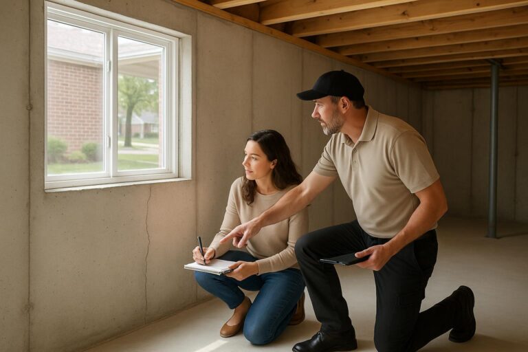 A Grand Rapids homebuyer and inspector calmly reviewing a basement wall for foundation issues in a bright, clean daylight basement.