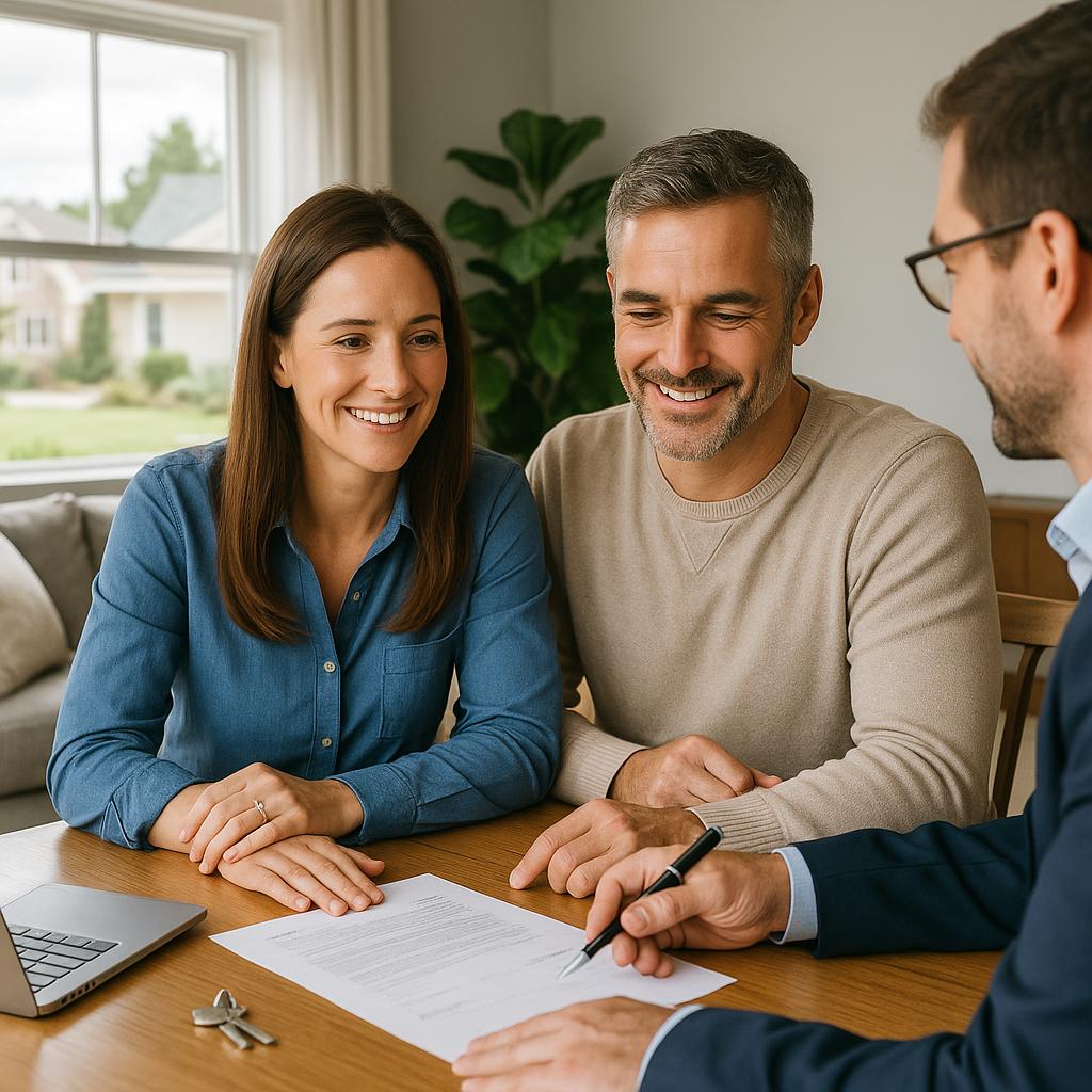 Grand Rapids homeowners and their real estate agent calmly reviewing multiple offers at the kitchen island.