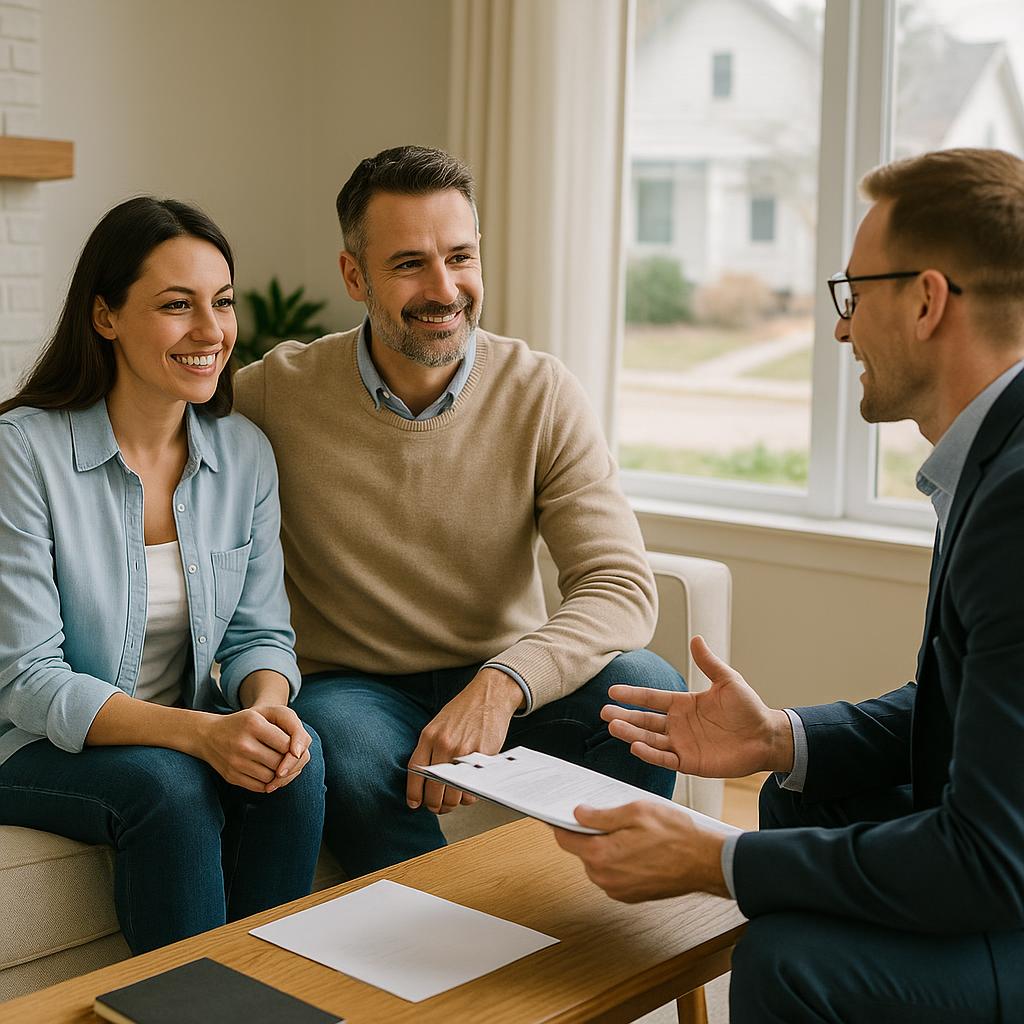 Grand Rapids homeowners and their agent reviewing multiple home sale offers at a dining table.
