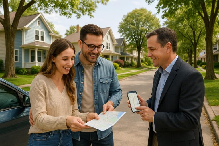 Couple and real estate agent reviewing commute times to downtown Grand Rapids in a bright suburban neighborhood.