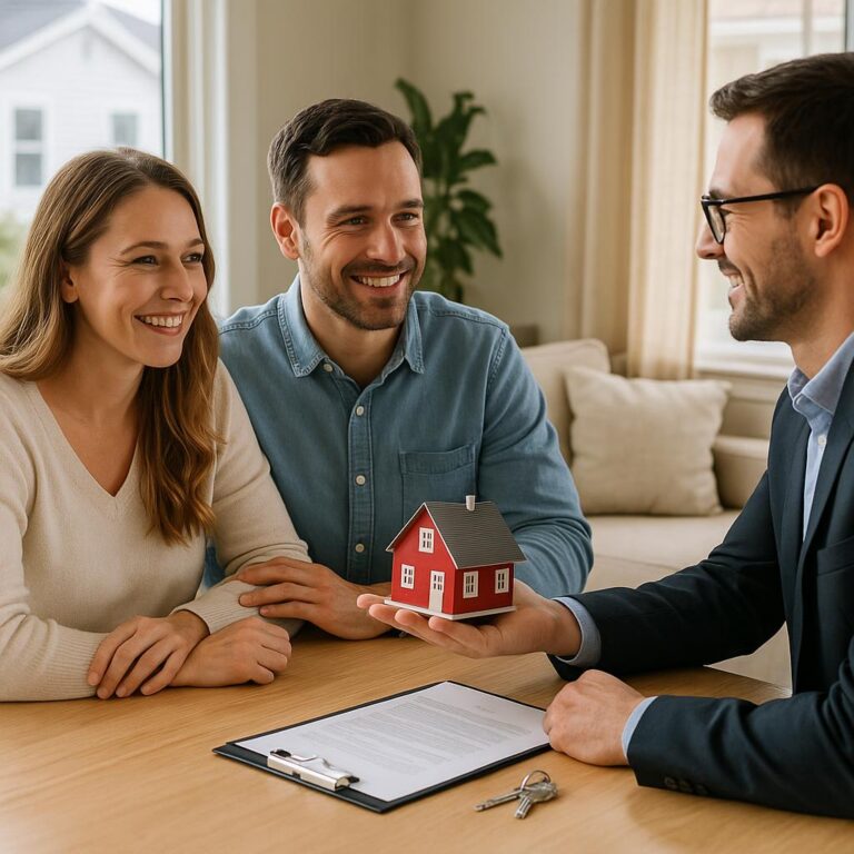 Grand Rapids home sellers and their agent reviewing showing feedback and pricing strategy in a well-staged living room.