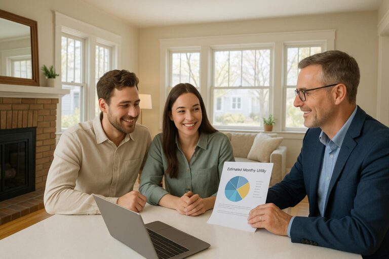 A Grand Rapids couple and their real estate agent review estimated monthly utility costs in a bright, welcoming living room.