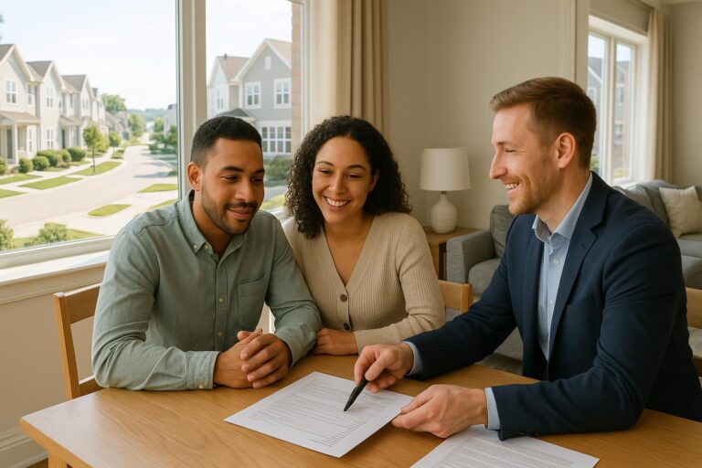 Grand Rapids buyers reviewing HOA fees with a real estate agent in a bright townhouse living room.