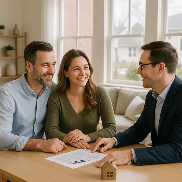Grand Rapids homeowner consulting with a contractor and real estate agent about kitchen repairs before listing the home.