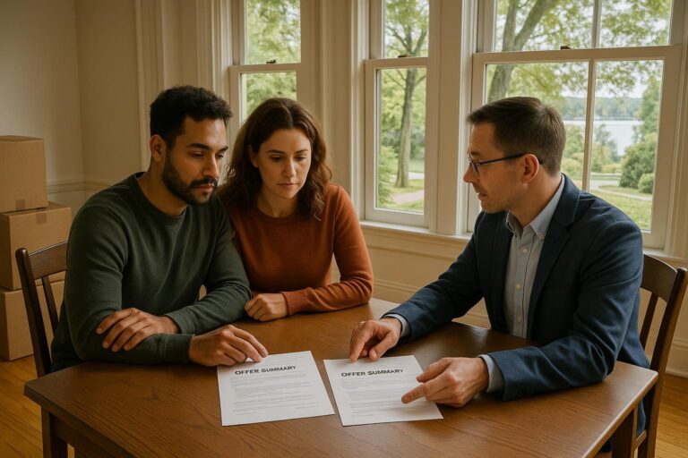 East Grand Rapids homeowners and their agent comparing multiple offers at the dining table of a classic neighborhood home.